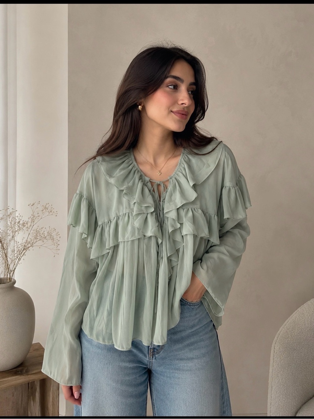 NWT H&M Mint Green Ruffled Boho Chiffon Blouse Top - XL